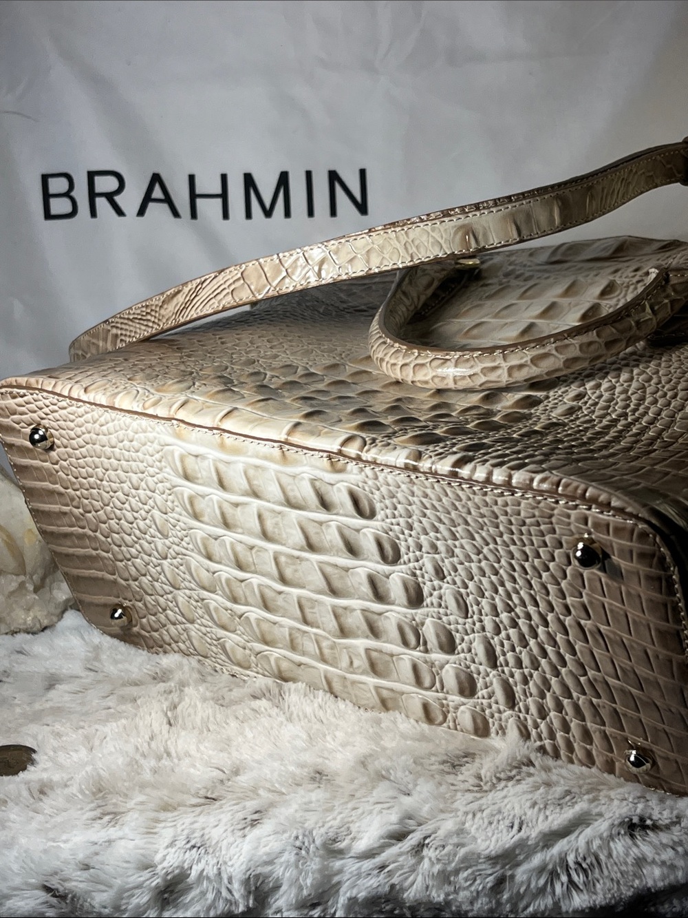 Brahmin Taupe Croc-Embossed Leather Satchel with Gold Hardware and Dustbag. - Picture 4 of 6